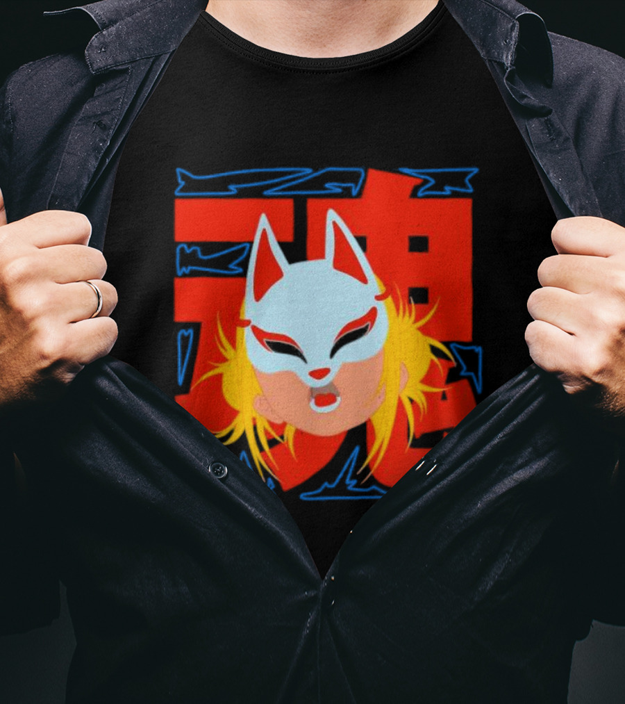 Kitsune Catori Mask With Red Kanji And Blond Hair T-Shirt