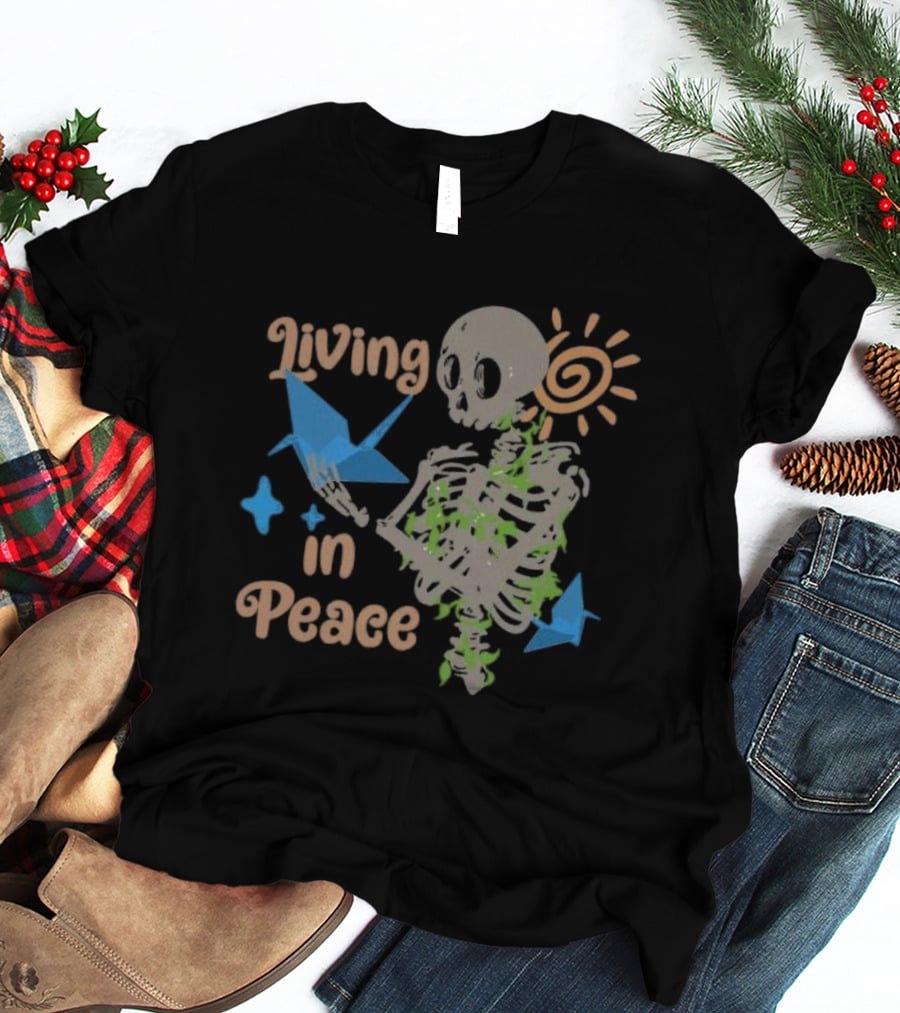 Living In Peace Skeleton Sun Origami Birds T-Shirt