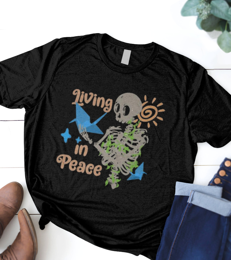 Living In Peace Skeleton Sun Origami Birds T-Shirt