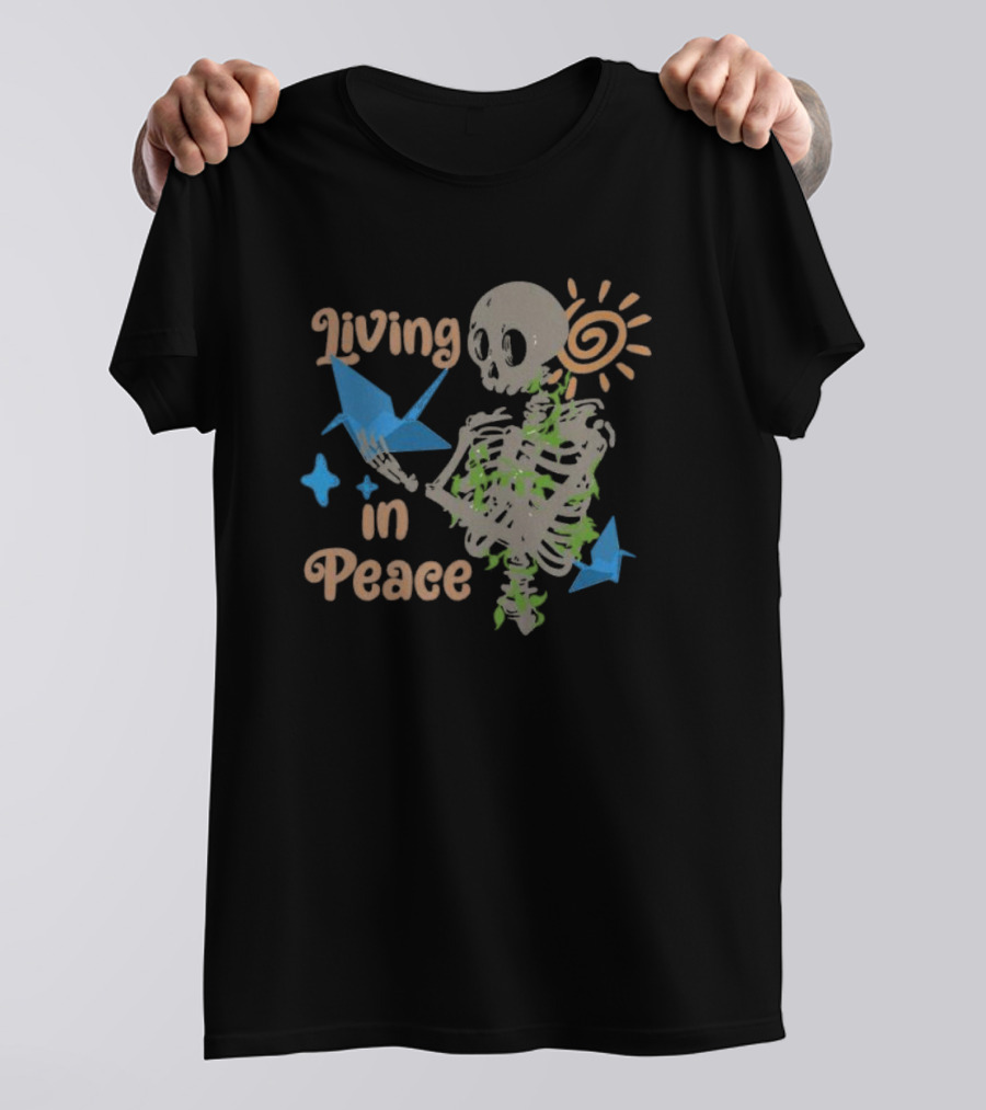 Living In Peace Skeleton Sun Origami Birds T-Shirt