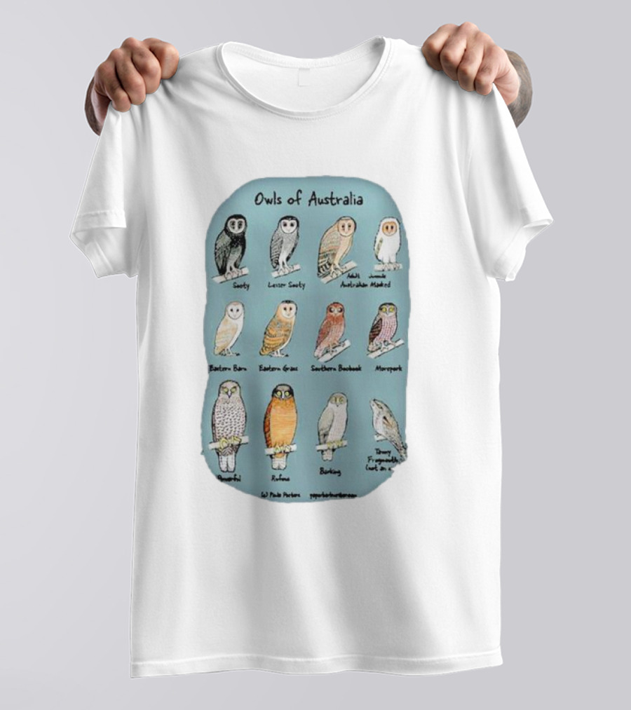 Owls Of Australia Illustrated Guide Featuring Sooty Lesser Sooty Australian Masked Eastern Barn Eastern Grass Southern Boobook Powerful Rufous Barking Barn Owl By Pete Pascoe T-Shirt