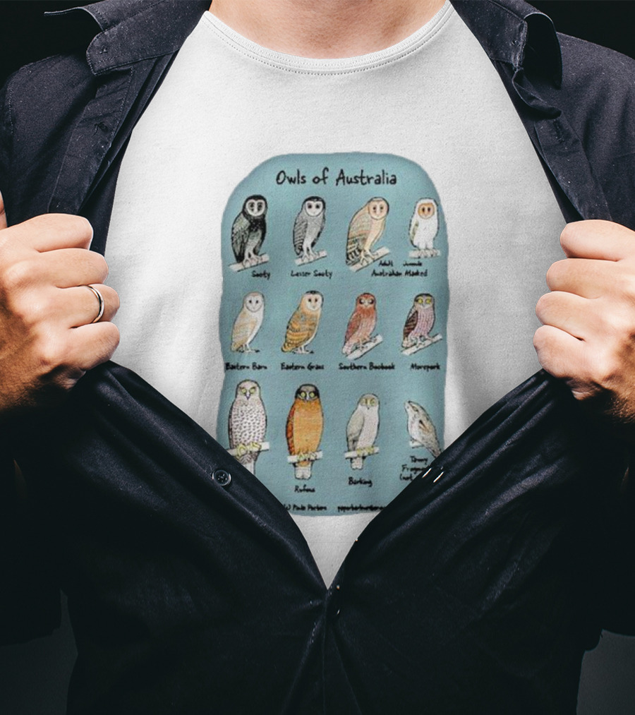 Owls Of Australia Illustrated Guide Featuring Sooty Lesser Sooty Australian Masked Eastern Barn Eastern Grass Southern Boobook Powerful Rufous Barking Barn Owl By Pete Pascoe T-Shirt