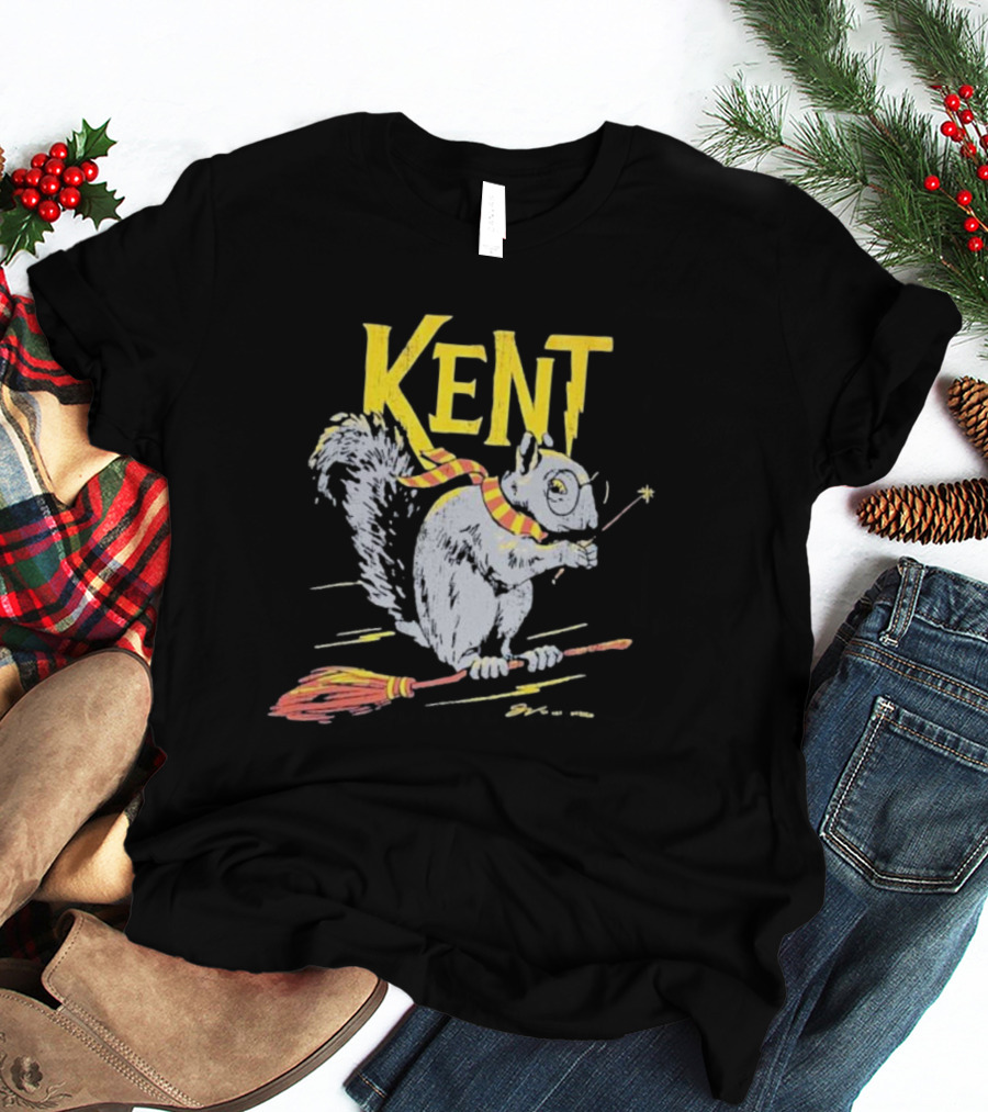 Kent Wizardly Squirrel Riding Broomstick With Wand And Scarf T-Shirt