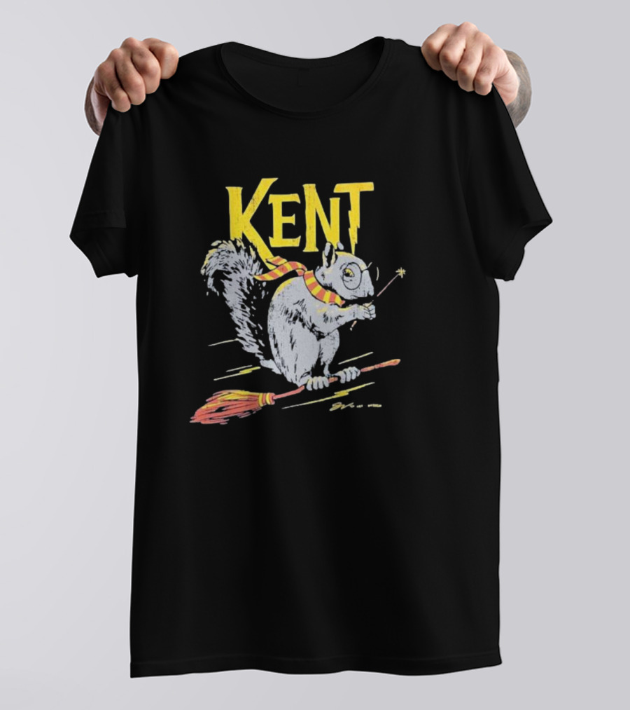 Kent Wizardly Squirrel Riding Broomstick With Wand And Scarf T-Shirt