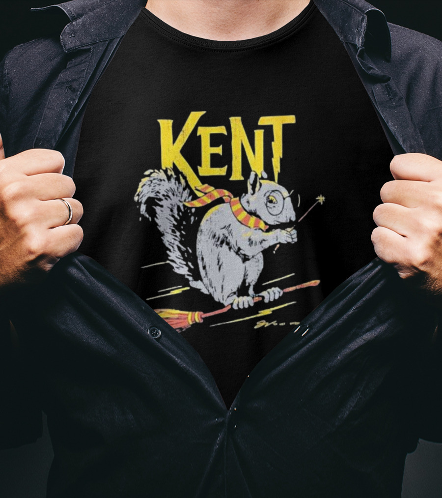 Kent Wizardly Squirrel Riding Broomstick With Wand And Scarf T-Shirt