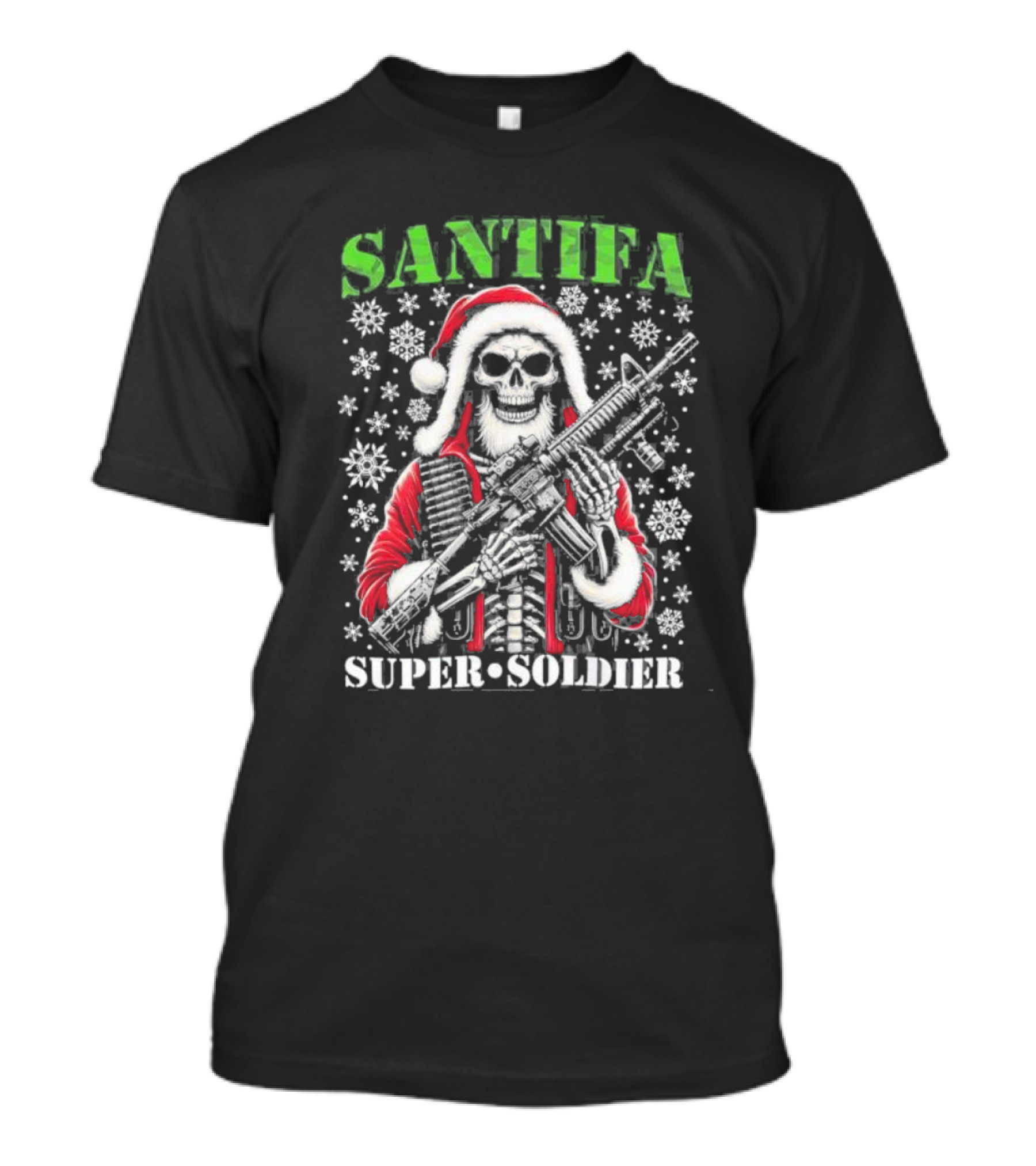 Santifa Super Soldier Skeleton Santa With Snowflakes And Rifle T-Shirt