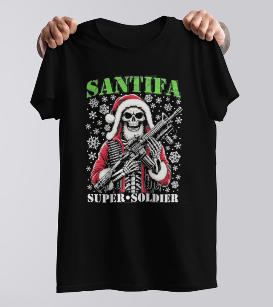 Santifa Super Soldier Skeleton Santa With Snowflakes And Rifle T-Shirt