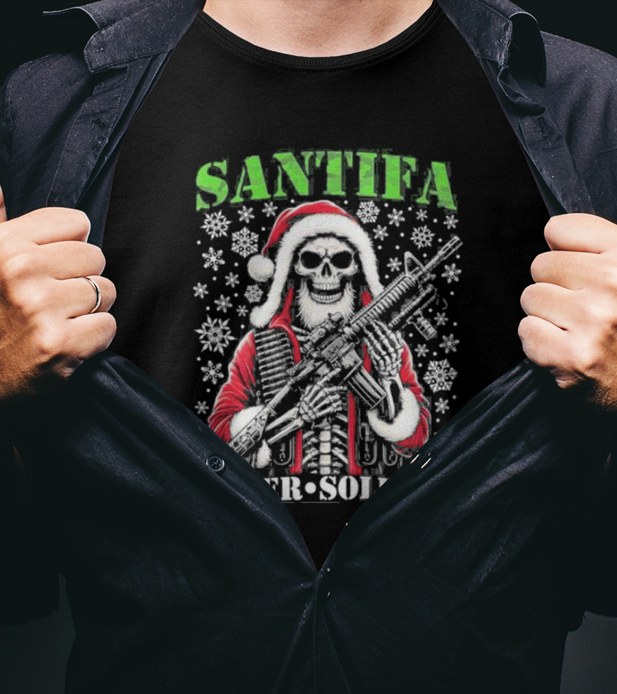 Santifa Super Soldier Skeleton Santa With Snowflakes And Rifle T-Shirt