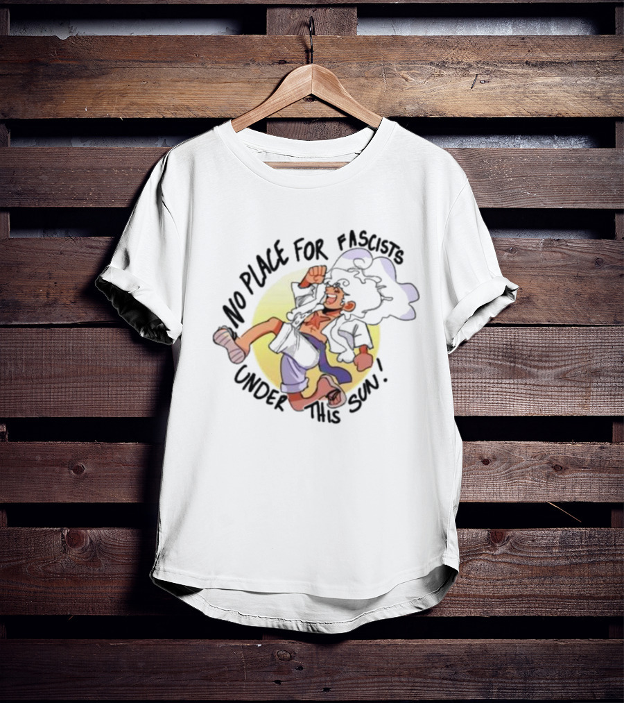 No Place For Fascists Under This Sun Energetic Character Jumping Against Yellow Circle Background T-Shirt