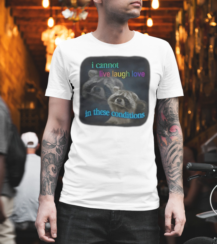 I Cannot Live Laugh Love In These Conditions Raccoon Duo Reality Check T-Shirt