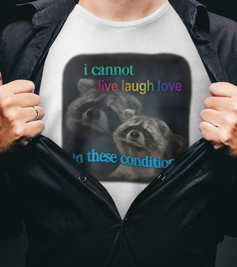 I Cannot Live Laugh Love In These Conditions Raccoon Duo Reality Check T-Shirt
