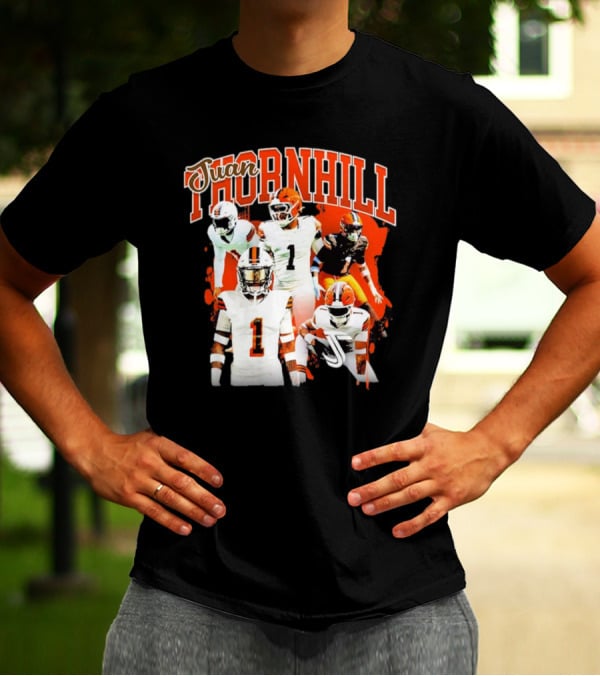 Juan Thornhill Football Player Orange And Black Action Collage T-Shirt