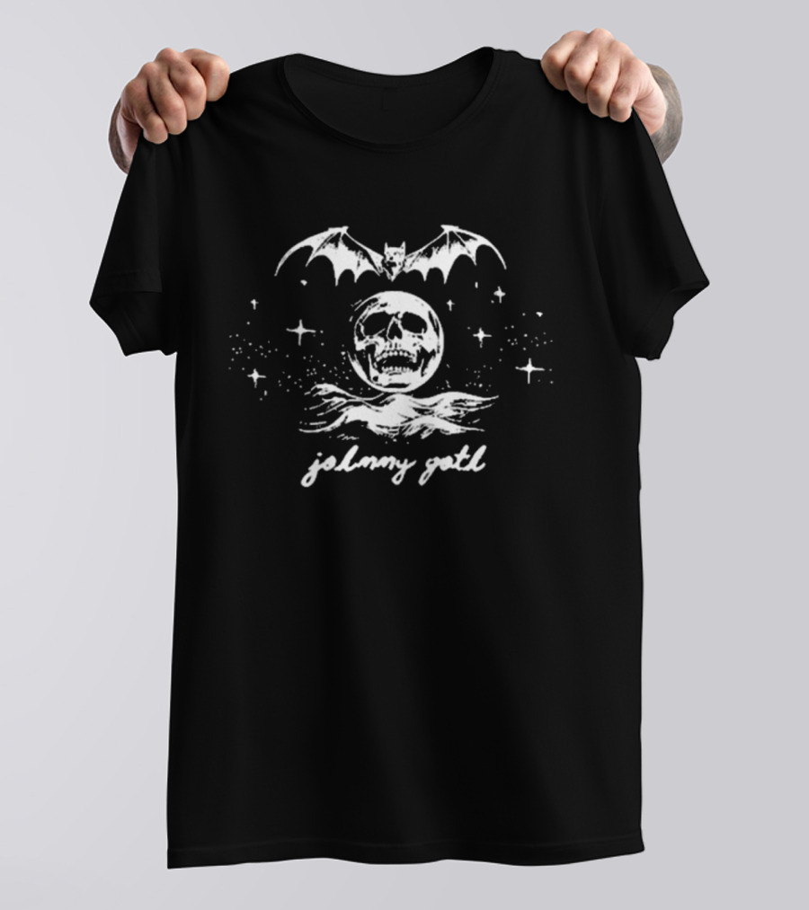 Johnny Goth Skull Moon Bat Stars White T-Shirt