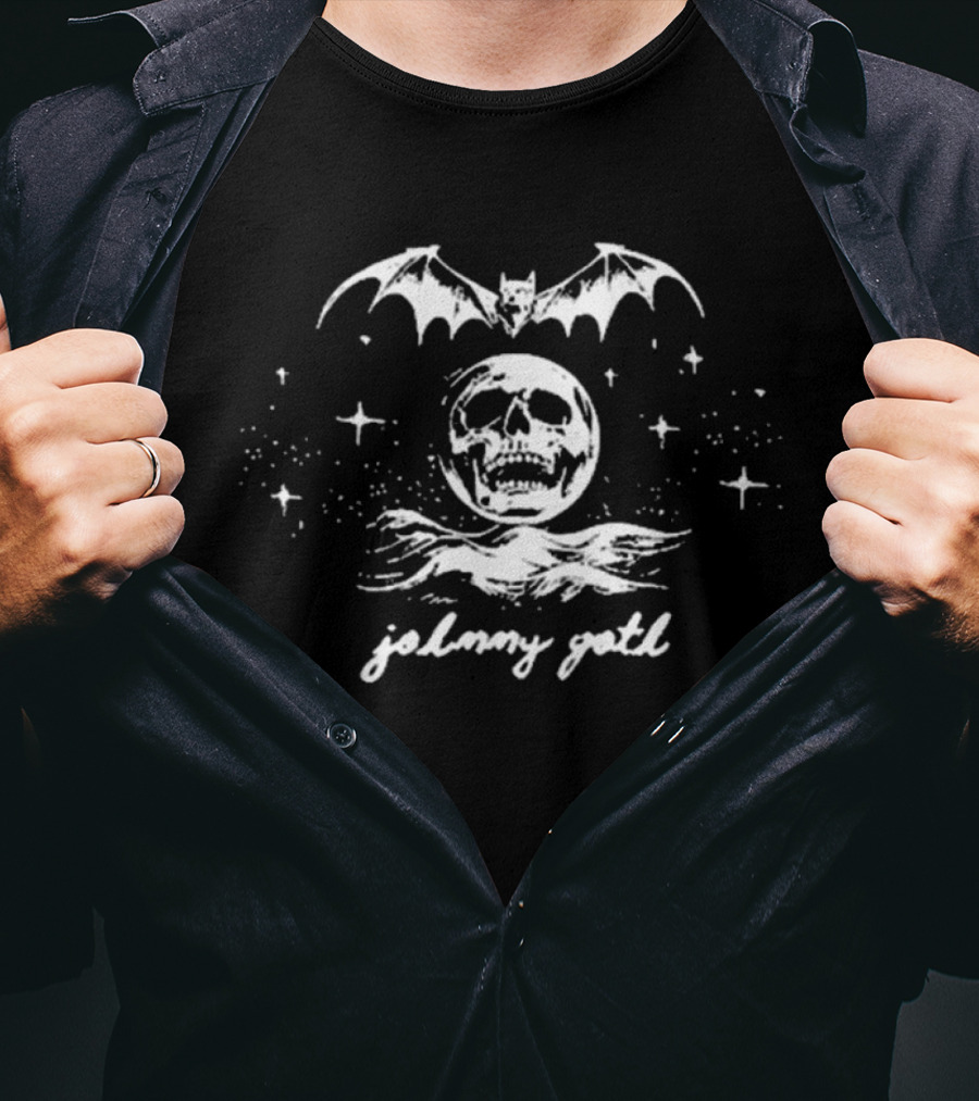 Johnny Goth Skull Moon Bat Stars White T-Shirt
