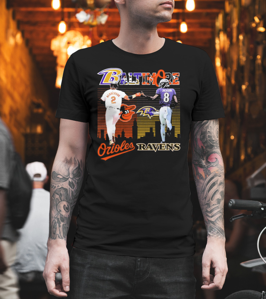 Baltimore Orioles Gunnar Henderson Baltimore Ravens Lamar Jackson City Skyline T-Shirt