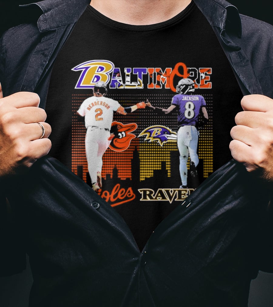 Baltimore Orioles Gunnar Henderson Baltimore Ravens Lamar Jackson City Skyline T-Shirt