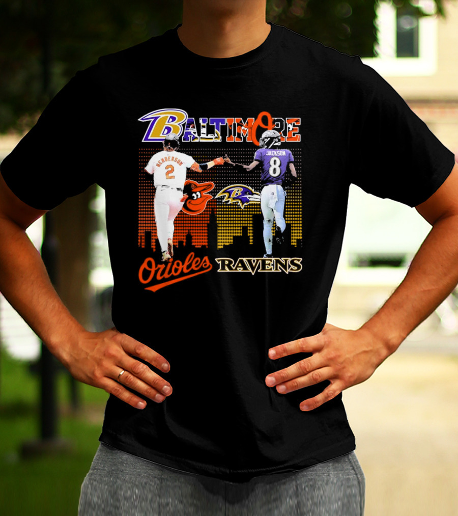 Baltimore Orioles Gunnar Henderson Baltimore Ravens Lamar Jackson City Skyline T-Shirt
