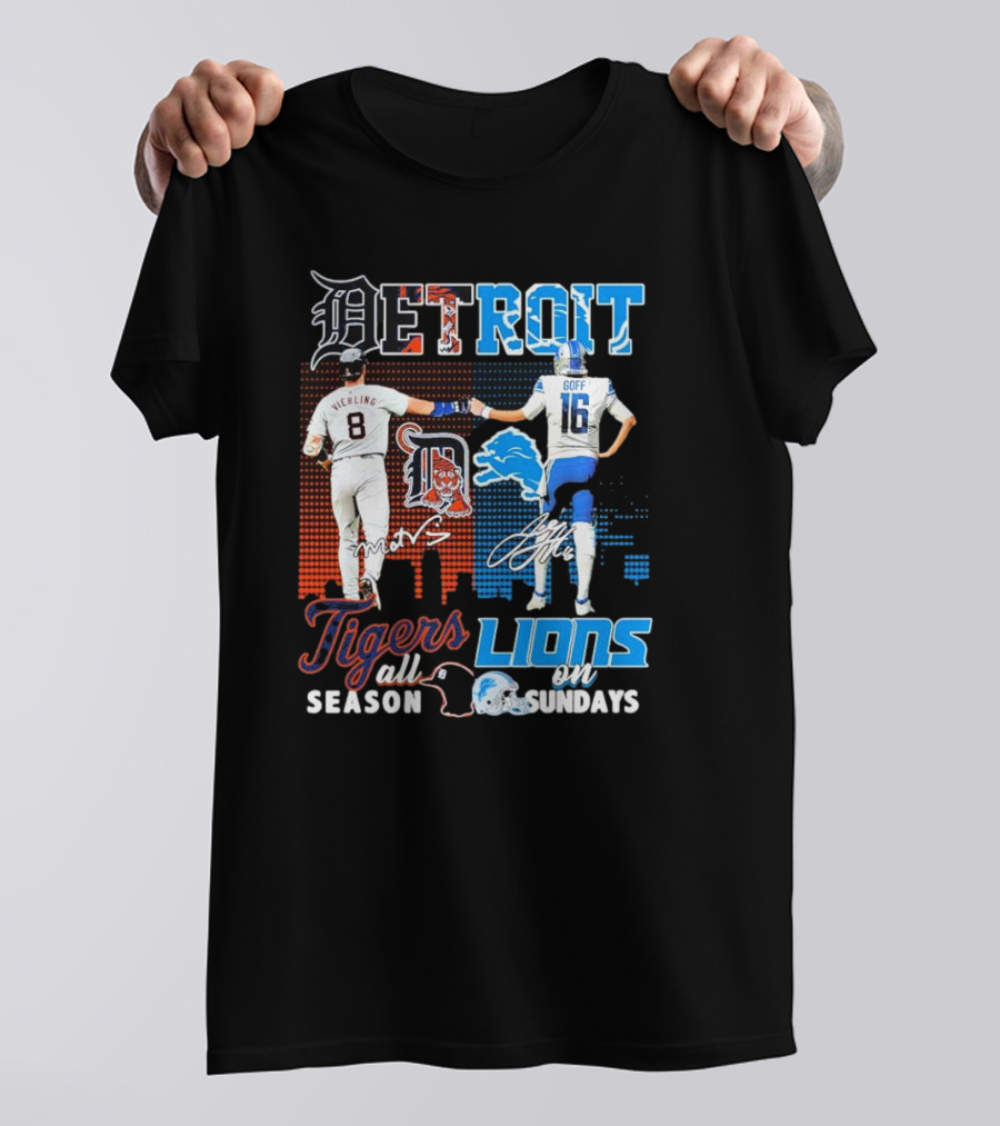 Detroit Tigers All Season X Detroit Lions On Sundays Detroit Tigers Lions Logos Sports Icons Collaboration T-Shirt