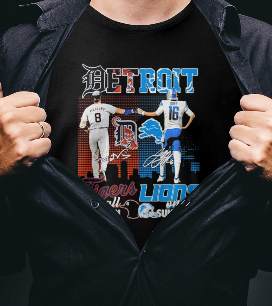 Detroit Tigers All Season X Detroit Lions On Sundays Detroit Tigers Lions Logos Sports Icons Collaboration T-Shirt