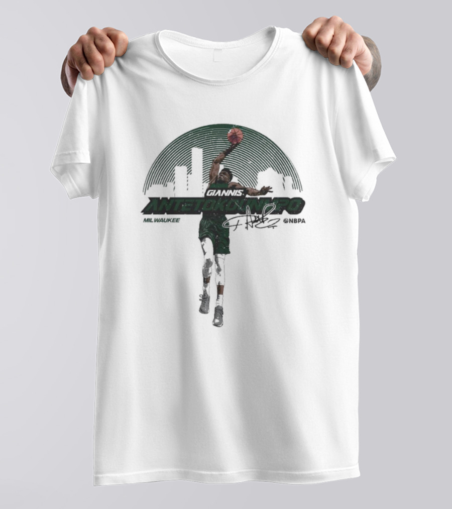 Giannis Antetokounmpo Milwaukee Skyline Signature @NBPA T-Shirt
