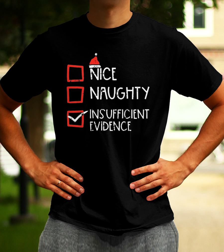 Nice Naughty Insufficient Evidence Christmas Santa Hat Checkmark Boxes T-Shirt