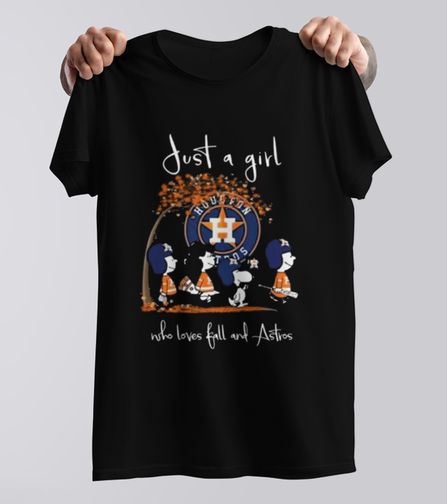 Just A Girl Who Loves Fall And Houston Astros With Peanuts Characters T-Shirt