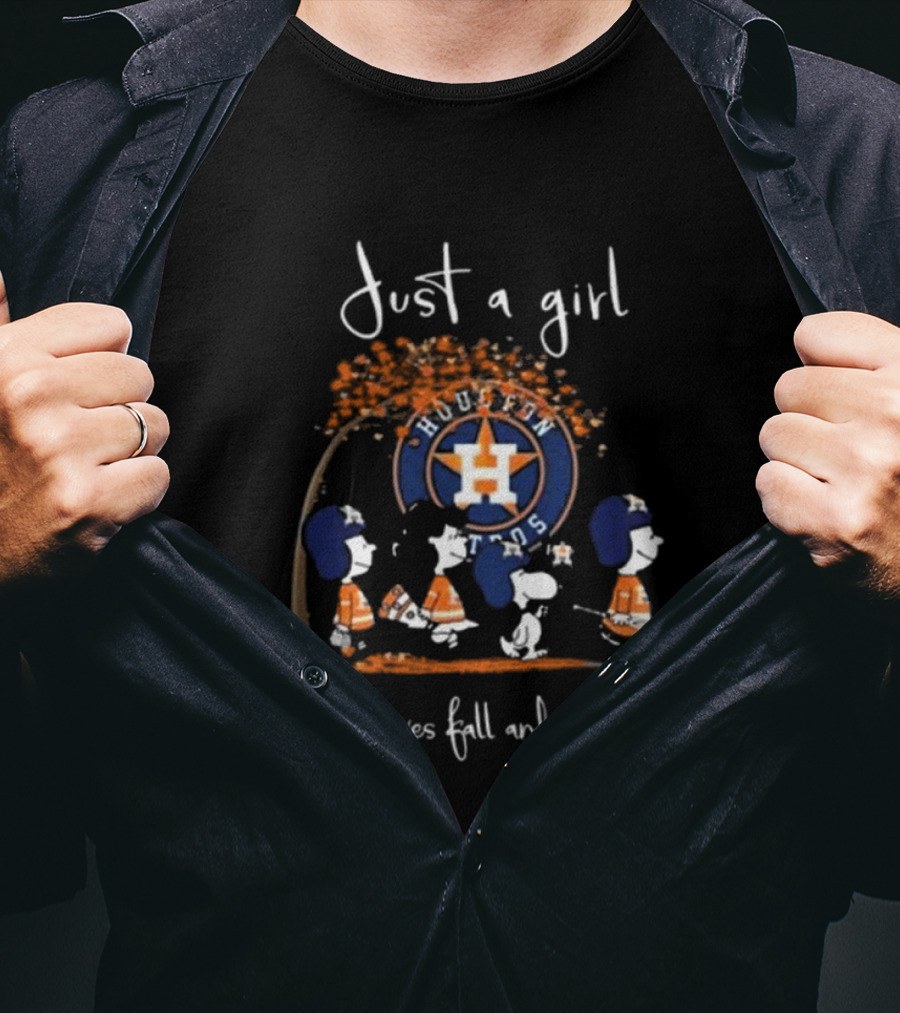 Just A Girl Who Loves Fall And Houston Astros With Peanuts Characters T-Shirt