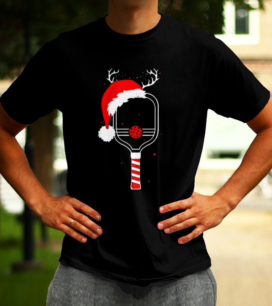 Pickleball Holiday Reindeer Santa Hat Christmas Paddle T-Shirt