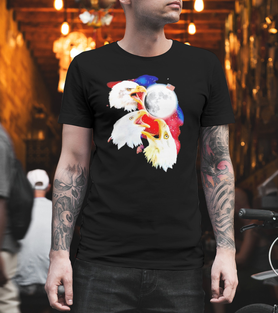 Three Eagles To The Moon American Flag Lunar Trio T-Shirt