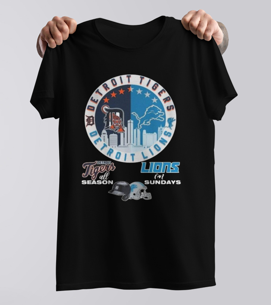 Detroit Tigers All Season Detroit Lions For Sundays Skyline Helmets T-Shirt