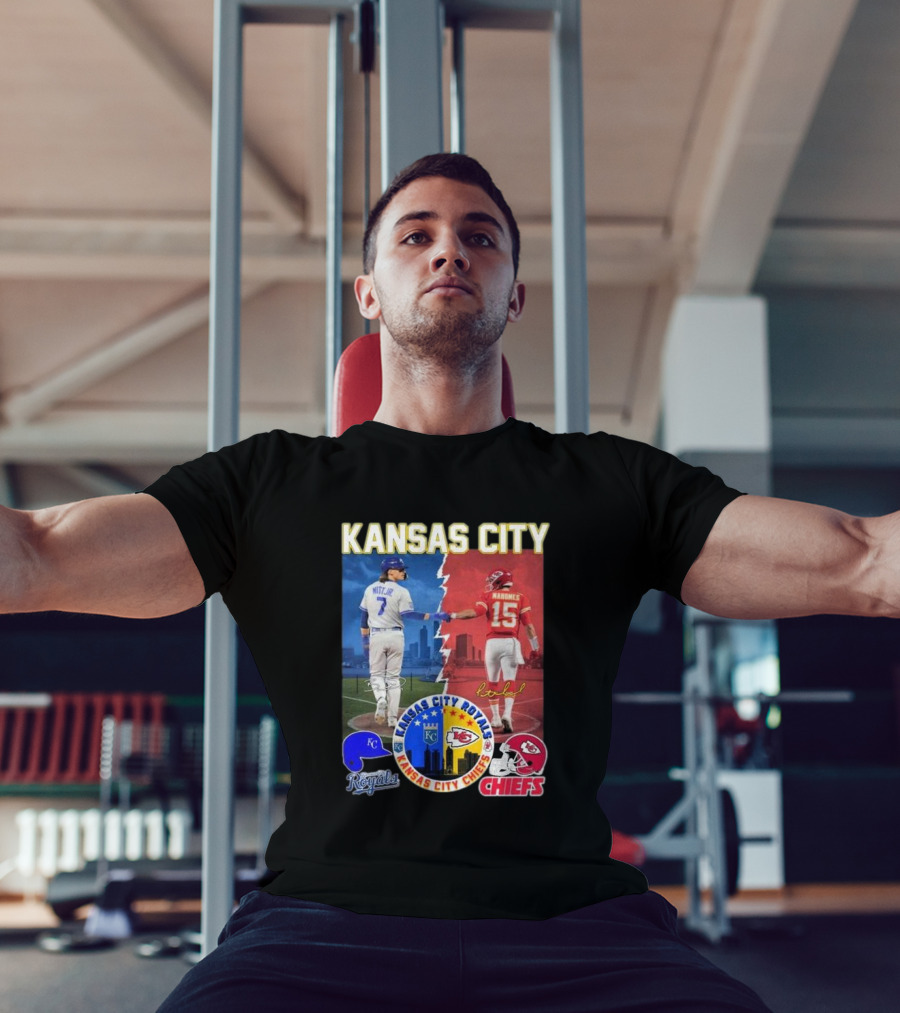 Kansas City Royals Bobby Witt Jr And Chiefs Patrick Mahomes Skyline Logos And Signatures T-Shirt
