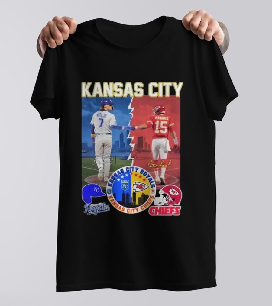 Kansas City Royals Bobby Witt Jr And Chiefs Patrick Mahomes Skyline Logos And Signatures T-Shirt