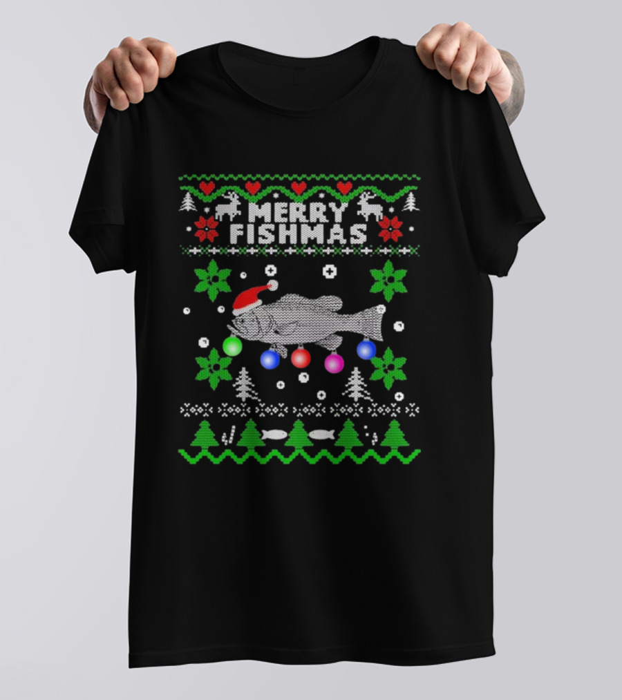 Merry Fishmas Large Mouth Bass Ugly Christmas Fishing Holiday T-Shirt