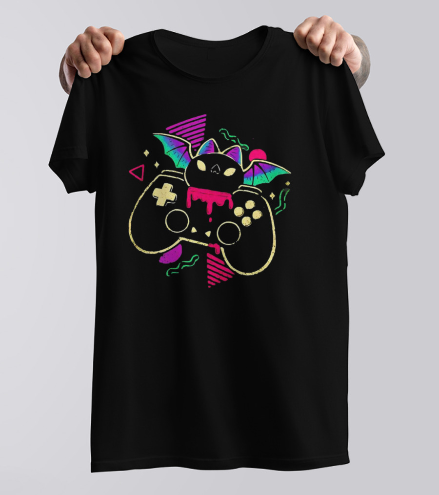 Creepy Cute Gamer Bat With Neon Controller And Dripping Colors T-Shirt