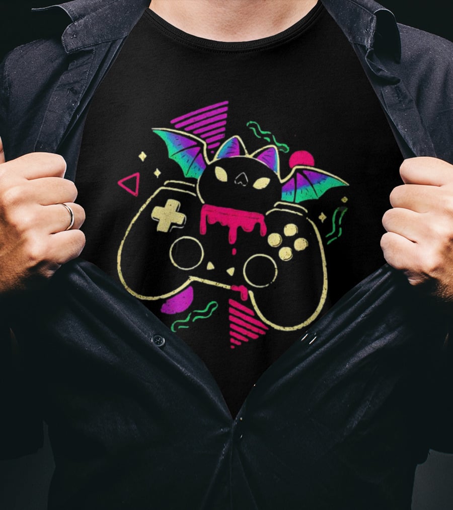 Creepy Cute Gamer Bat With Neon Controller And Dripping Colors T-Shirt
