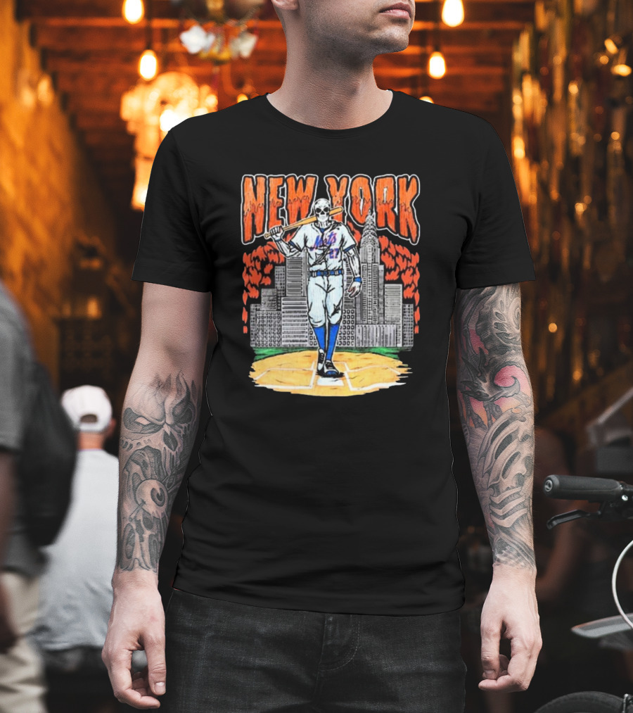 Reed Garrett New York Mets MLB Painting Skeleton Batter City Skyline T-Shirt