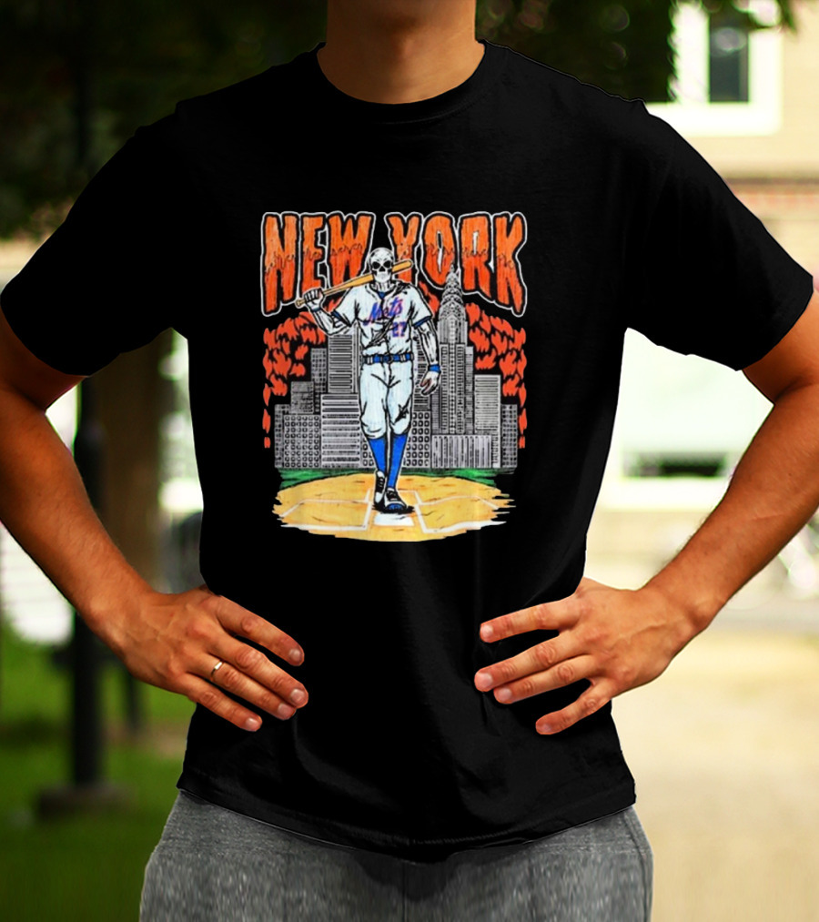Reed Garrett New York Mets MLB Painting Skeleton Batter City Skyline T-Shirt