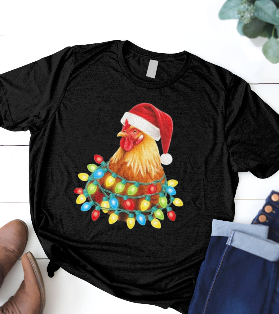 Santa Chicken Christmas Lights Festive Hilarious T-Shirt