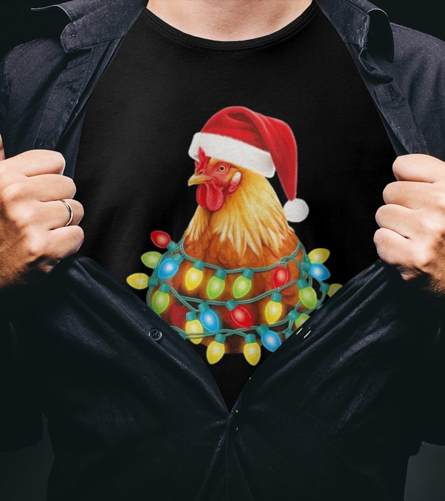Santa Chicken Christmas Lights Festive Hilarious T-Shirt