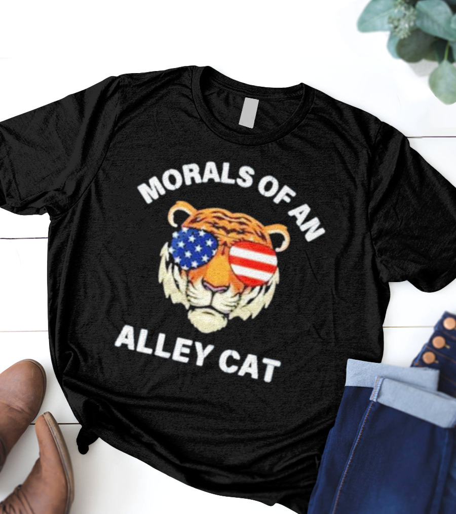 Morals Of An Alley Cat Tiger With American Flag Sunglasses T-Shirt