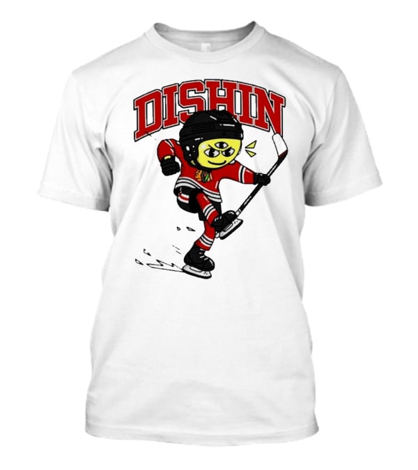 Chicago Blackhawks Just Dishin Hockey Player Cartoon Character Skating T-Shirt