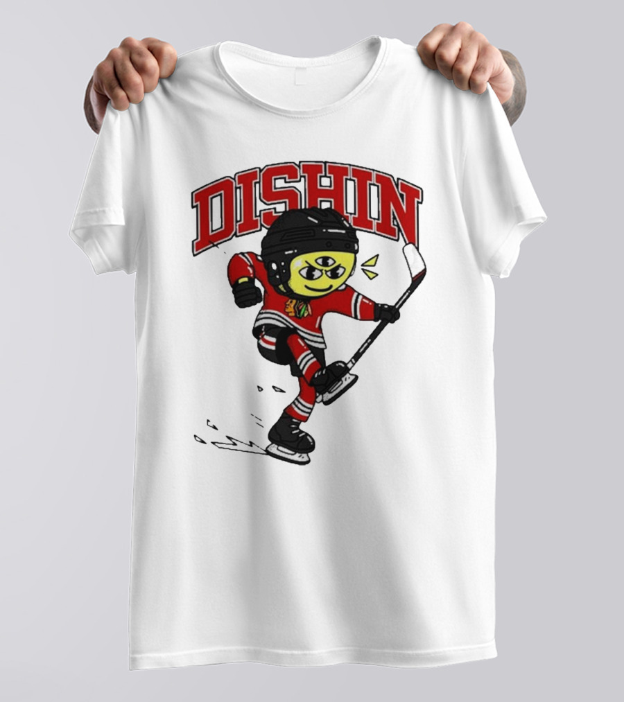 Chicago Blackhawks Just Dishin Hockey Player Cartoon Character Skating T-Shirt