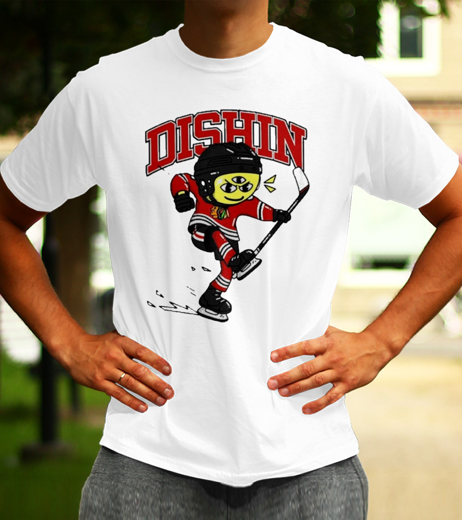 Chicago Blackhawks Just Dishin Hockey Player Cartoon Character Skating T-Shirt