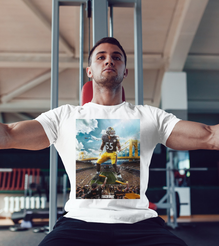 Thachermac Pittsburgh Steelers 55 Player In Stadium With Signature And Bridge Background T-Shirt