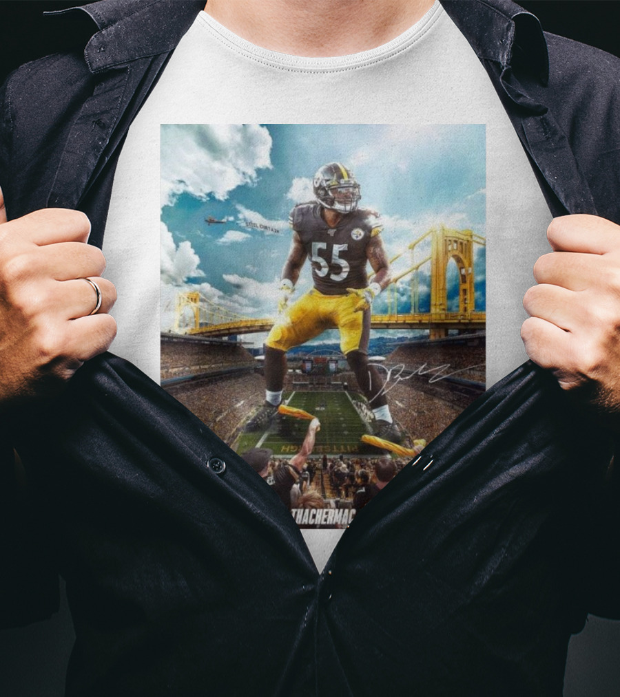 Thachermac Pittsburgh Steelers 55 Player In Stadium With Signature And Bridge Background T-Shirt