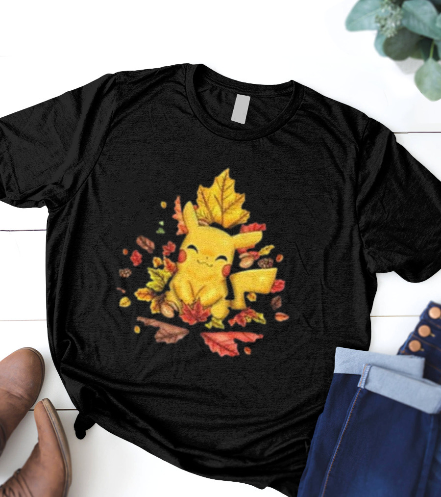Pikachu Surrounded By Autumn Leaves And Acorns T-Shirt
