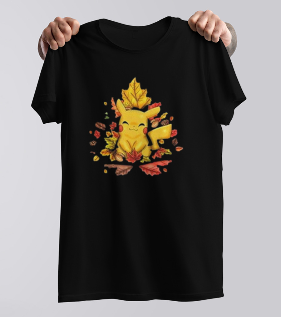 Pikachu Surrounded By Autumn Leaves And Acorns T-Shirt