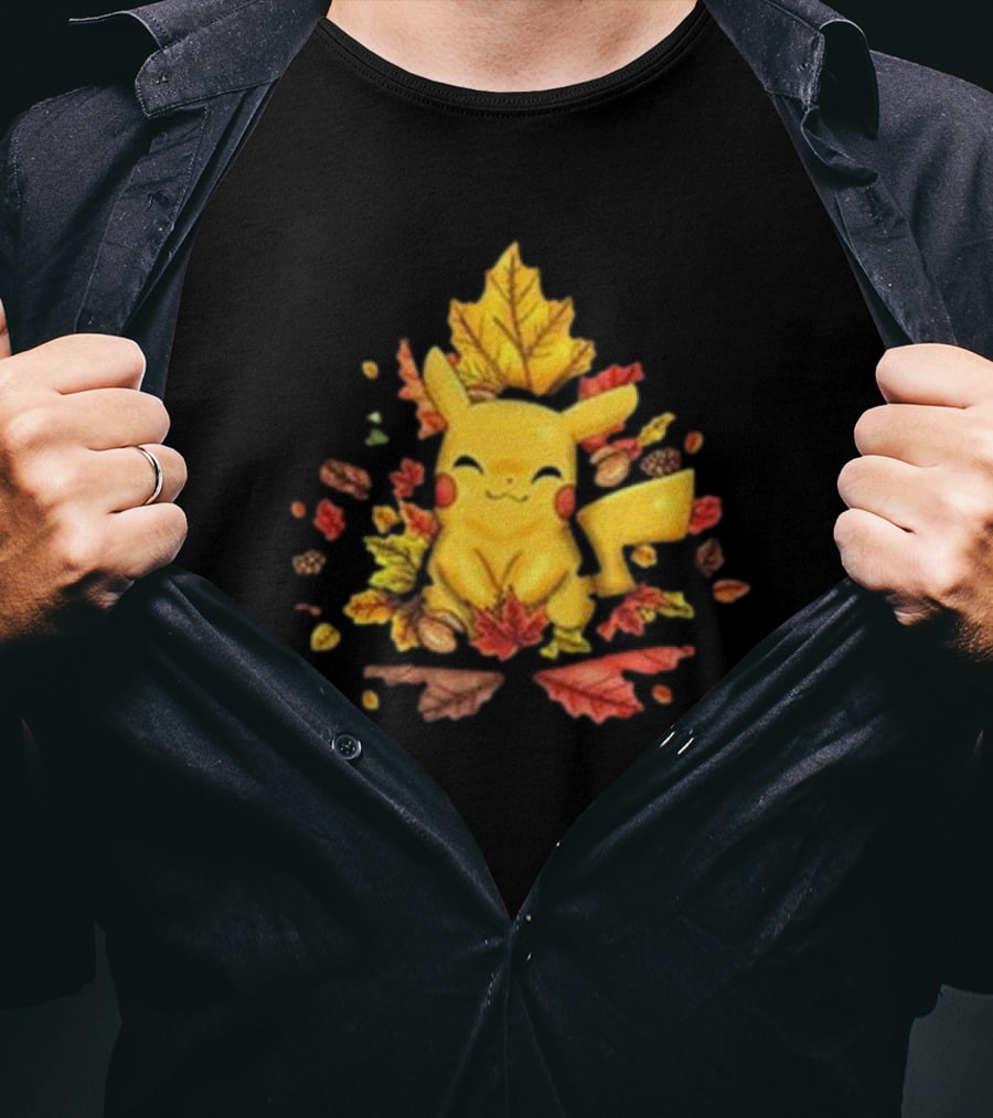 Pikachu Surrounded By Autumn Leaves And Acorns T-Shirt