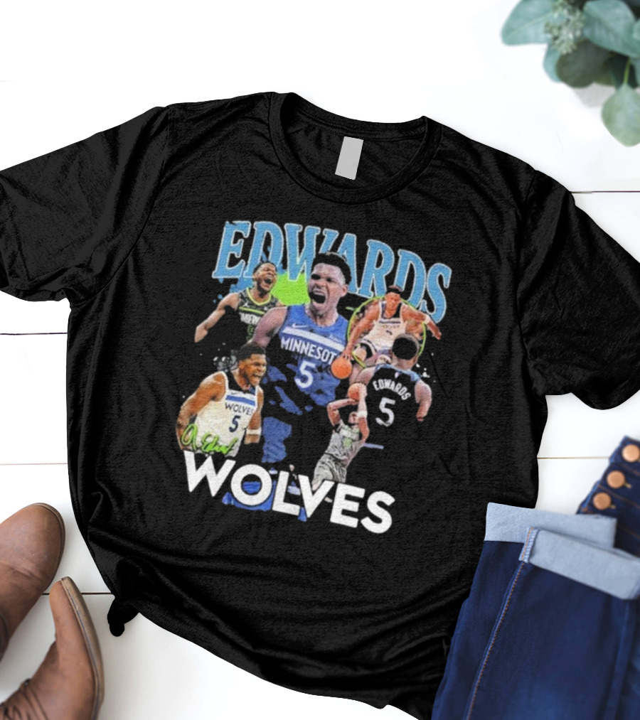 EDWARDS Minnesota Wolves Number 5 Basketball Action Collage T-Shirt