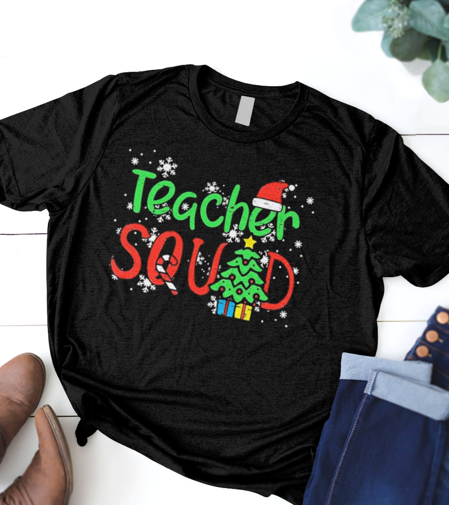 Teacher Squad Christmas Tree Candy Cane Santa Hat Snowflakes T-Shirt